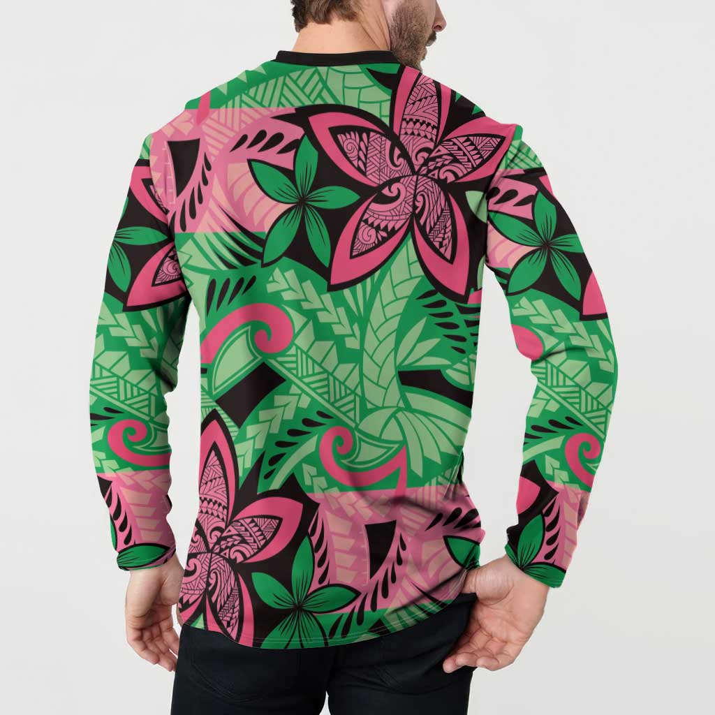 Plumeria Polynesian Pattern Button Sweatshirt Unique Fantasy Green Pink LT01 - Polynesian Pride