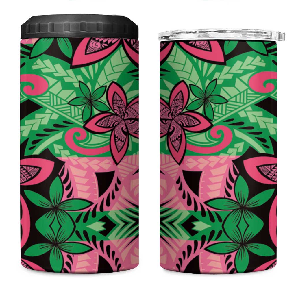 Plumeria Polynesian Pattern 4 in 1 Can Cooler Tumbler Unique Fantasy Green Pink LT01 One Size: 16 oz Green - Polynesian Pride
