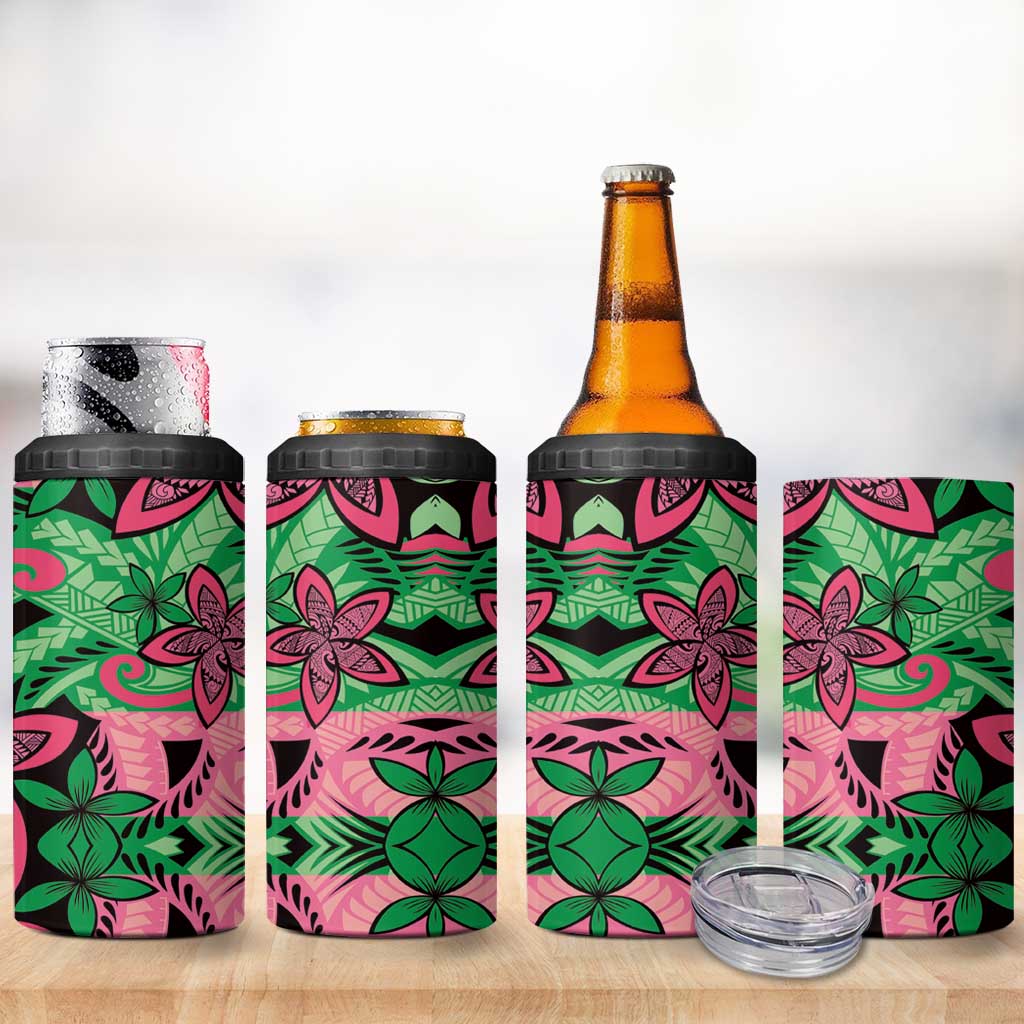 Plumeria Polynesian Pattern 4 in 1 Can Cooler Tumbler Unique Fantasy Green Pink LT01 - Polynesian Pride