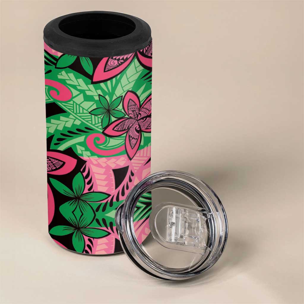 Plumeria Polynesian Pattern 4 in 1 Can Cooler Tumbler Unique Fantasy Green Pink LT01 - Polynesian Pride