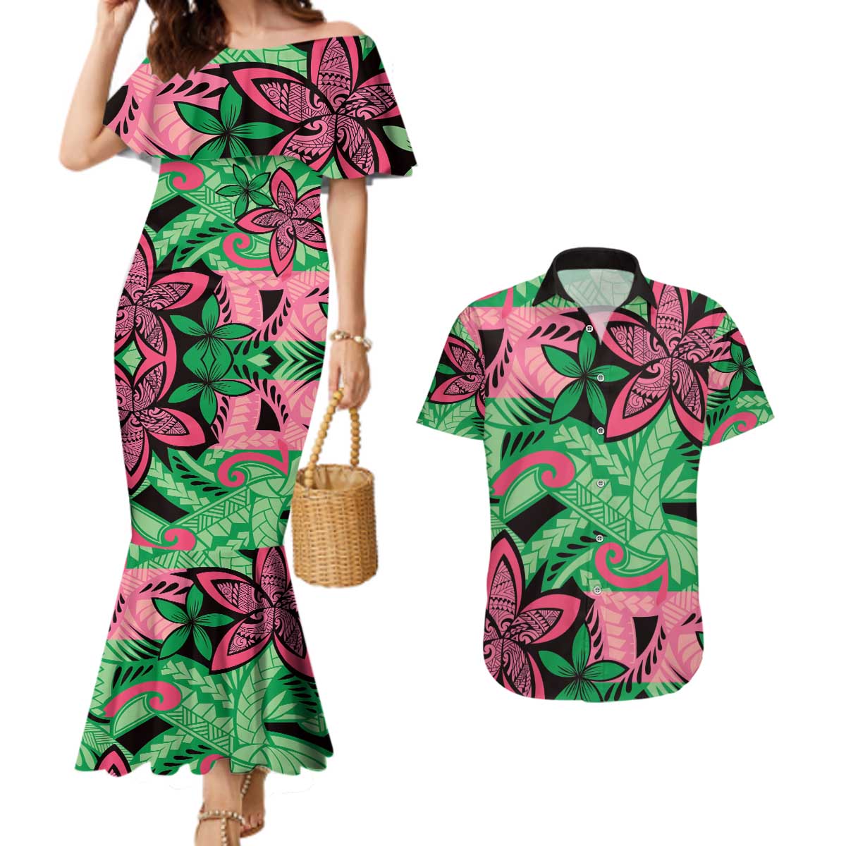 Plumeria Polynesian Pattern Couples Matching Mermaid Dress and Hawaiian Shirt Unique Fantasy Green Pink LT01 Green - Polynesian Pride