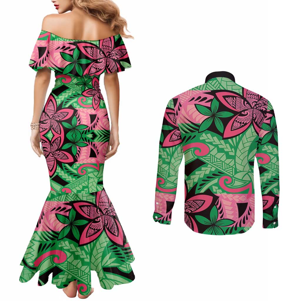 Plumeria Polynesian Pattern Couples Matching Mermaid Dress and Long Sleeve Button Shirt Unique Fantasy Green Pink LT01 - Polynesian Pride