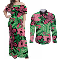 Plumeria Polynesian Pattern Couples Matching Off Shoulder Maxi Dress and Long Sleeve Button Shirt Unique Fantasy Green Pink LT01 Green - Polynesian Pride