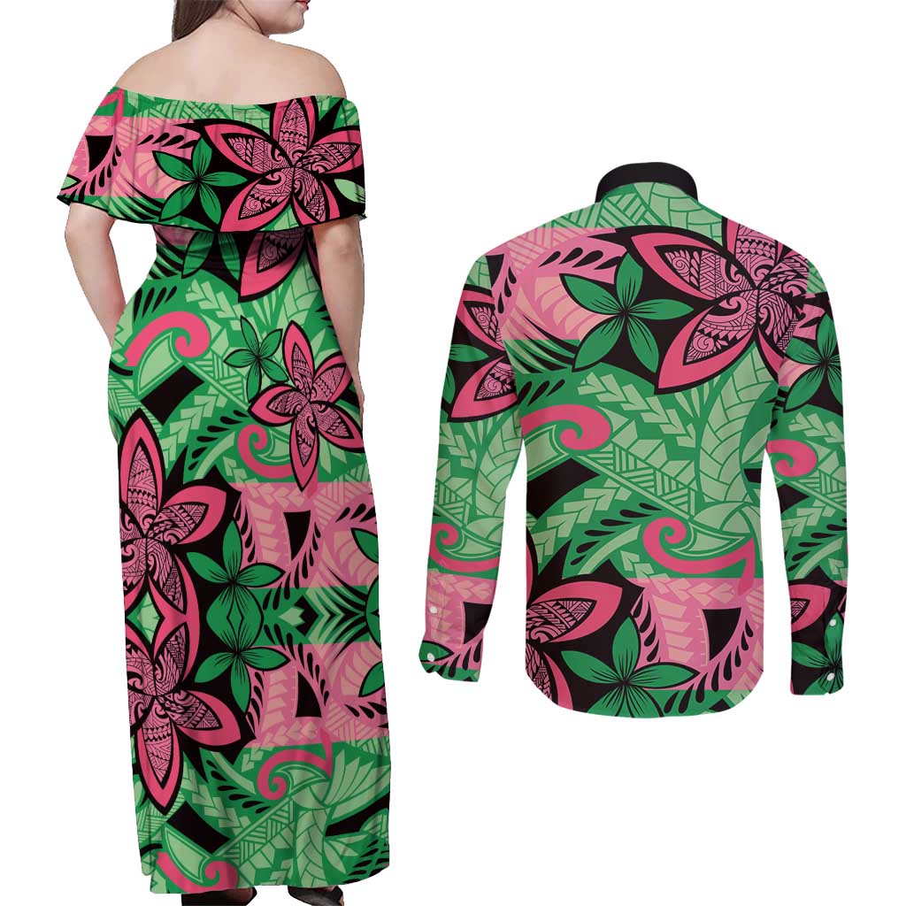 Plumeria Polynesian Pattern Couples Matching Off Shoulder Maxi Dress and Long Sleeve Button Shirt Unique Fantasy Green Pink LT01 - Polynesian Pride