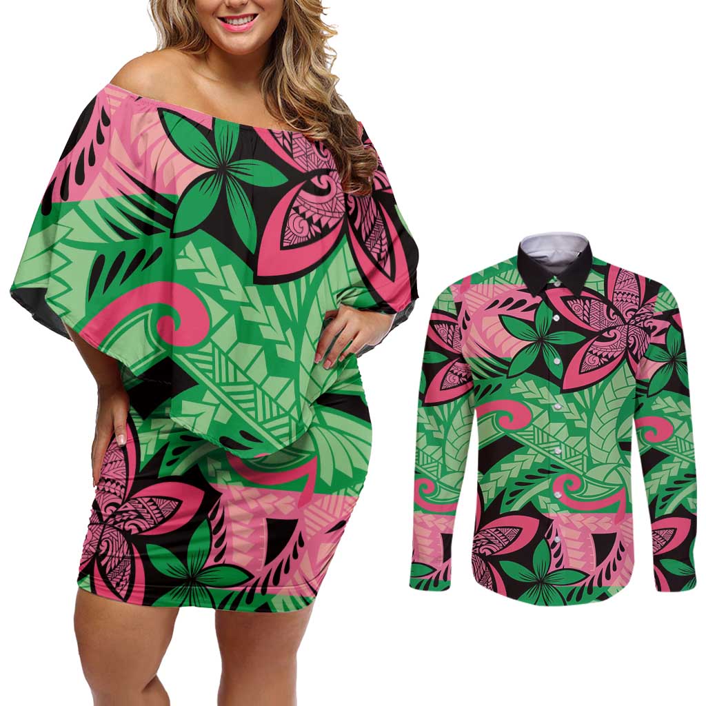 Plumeria Polynesian Pattern Couples Matching Off Shoulder Short Dress and Long Sleeve Button Shirt Unique Fantasy Green Pink