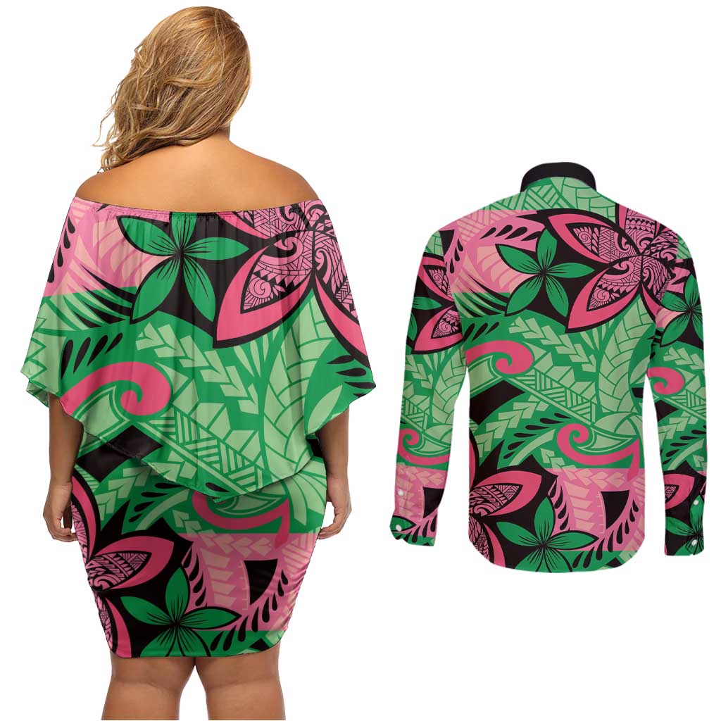 Plumeria Polynesian Pattern Couples Matching Off Shoulder Short Dress and Long Sleeve Button Shirt Unique Fantasy Green Pink