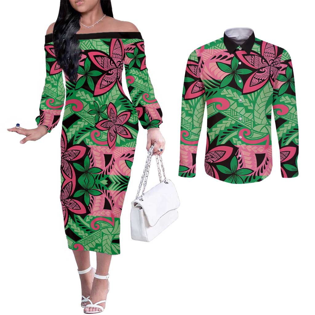 Plumeria Polynesian Pattern Couples Matching Off The Shoulder Long Sleeve Dress and Long Sleeve Button Shirt Unique Fantasy Green Pink LT01 Green - Polynesian Pride
