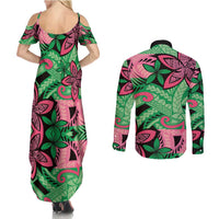 Plumeria Polynesian Pattern Couples Matching Summer Maxi Dress and Long Sleeve Button Shirt Unique Fantasy Green Pink LT01 - Polynesian Pride