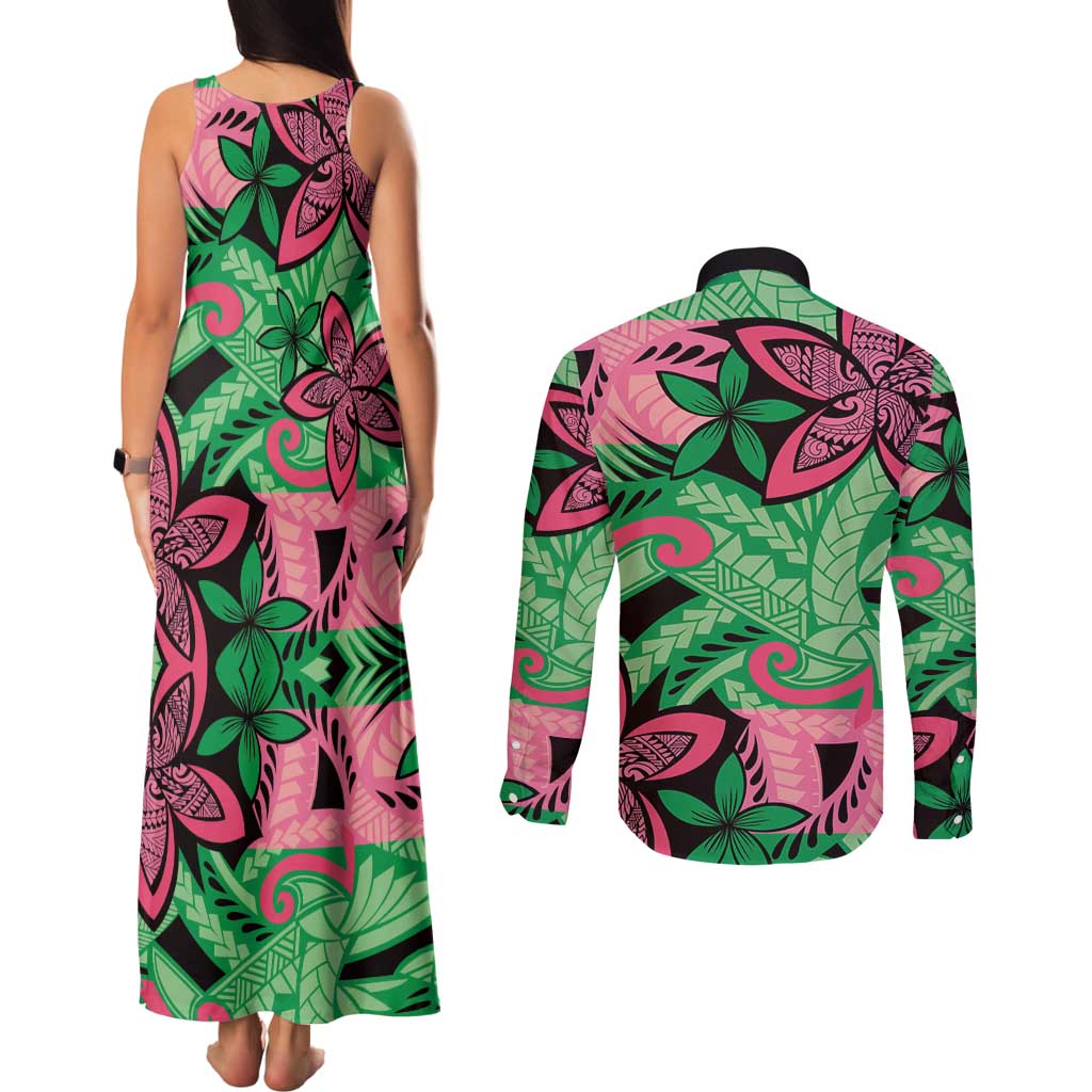 Plumeria Polynesian Pattern Couples Matching Tank Maxi Dress and Long Sleeve Button Shirt Unique Fantasy Green Pink LT01 - Polynesian Pride