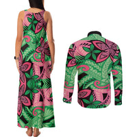 Plumeria Polynesian Pattern Couples Matching Tank Maxi Dress and Long Sleeve Button Shirt Unique Fantasy Green Pink LT01 - Polynesian Pride