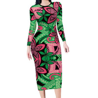 Plumeria Polynesian Pattern Family Matching Long Sleeve Bodycon Dress and Hawaiian Shirt Unique Fantasy Green Pink