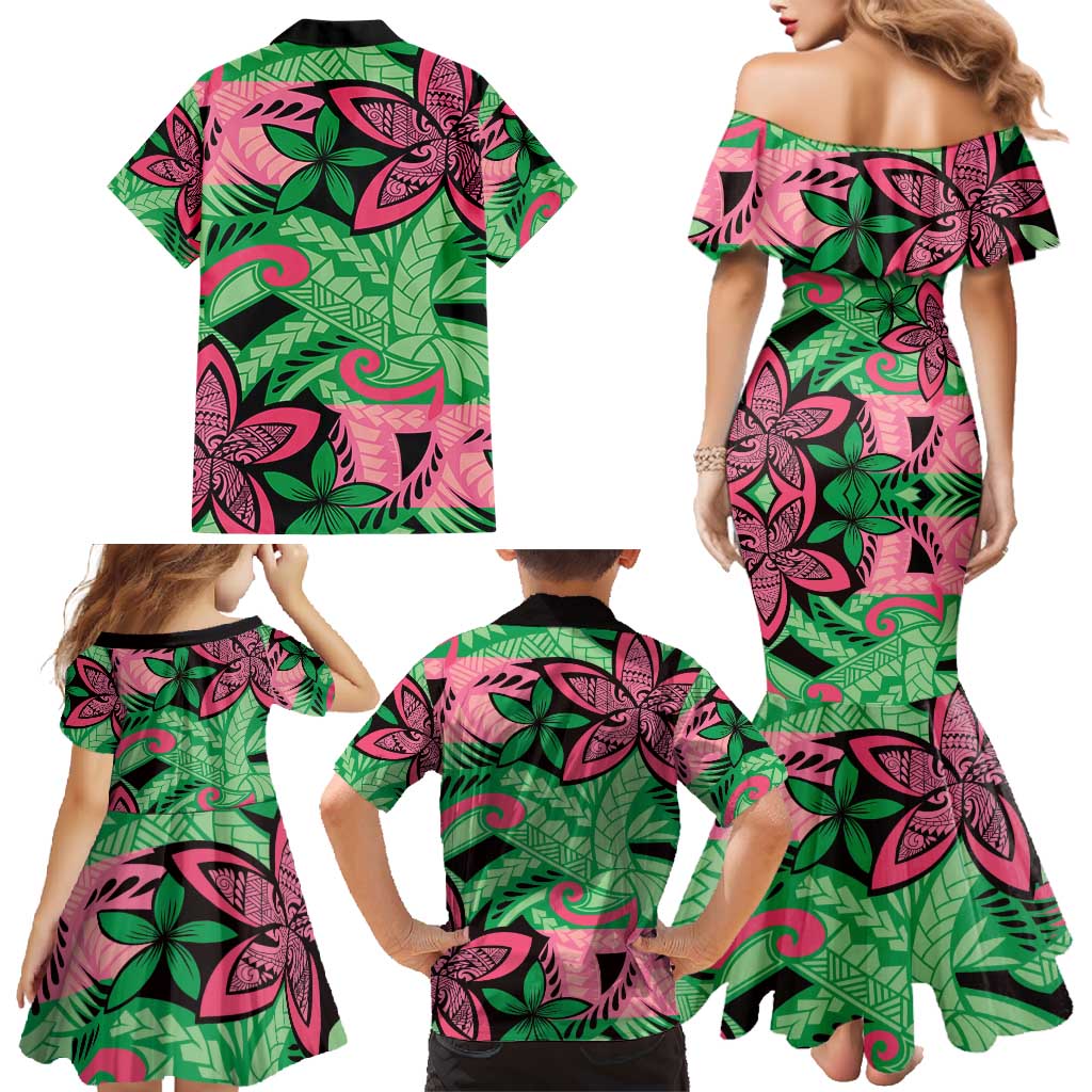 Plumeria Polynesian Pattern Family Matching Mermaid Dress and Hawaiian Shirt Unique Fantasy Green Pink