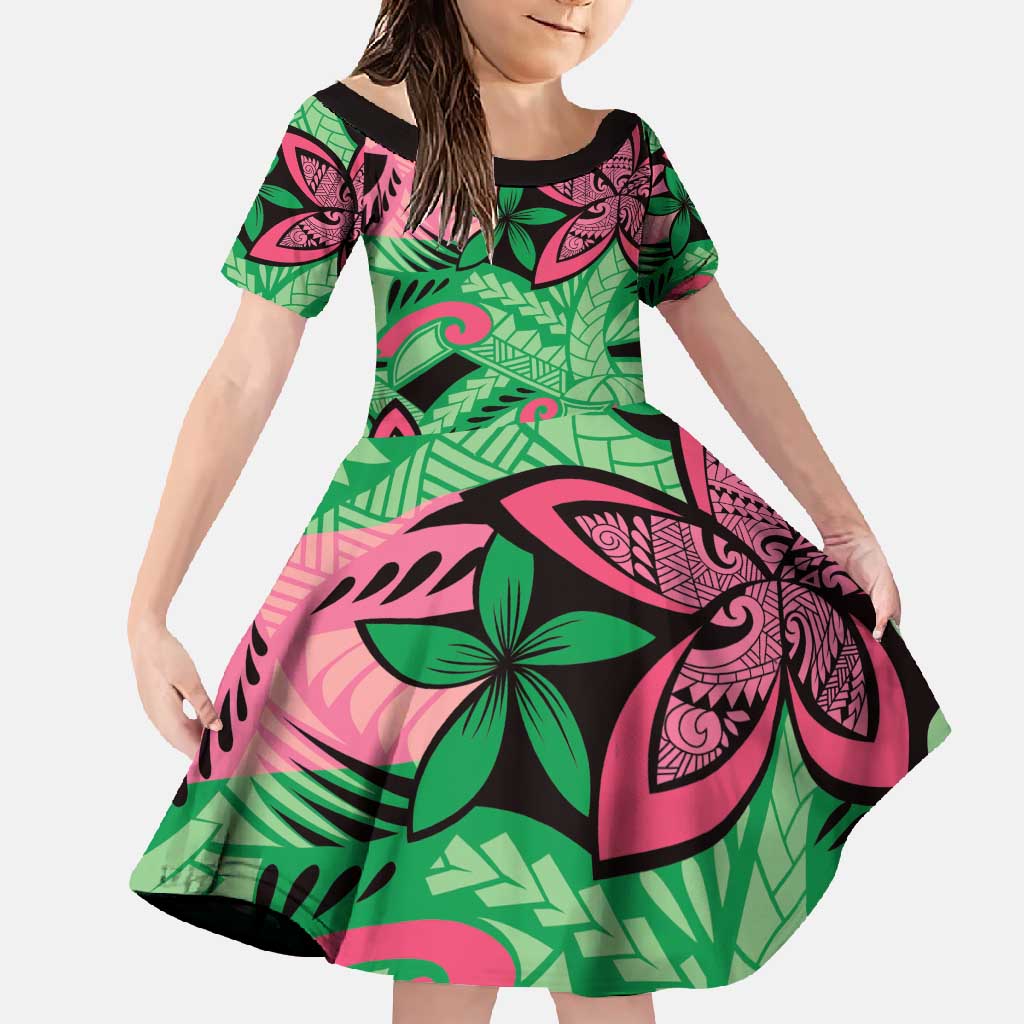 Plumeria Polynesian Pattern Family Matching Off Shoulder Maxi Dress and Hawaiian Shirt Unique Fantasy Green Pink