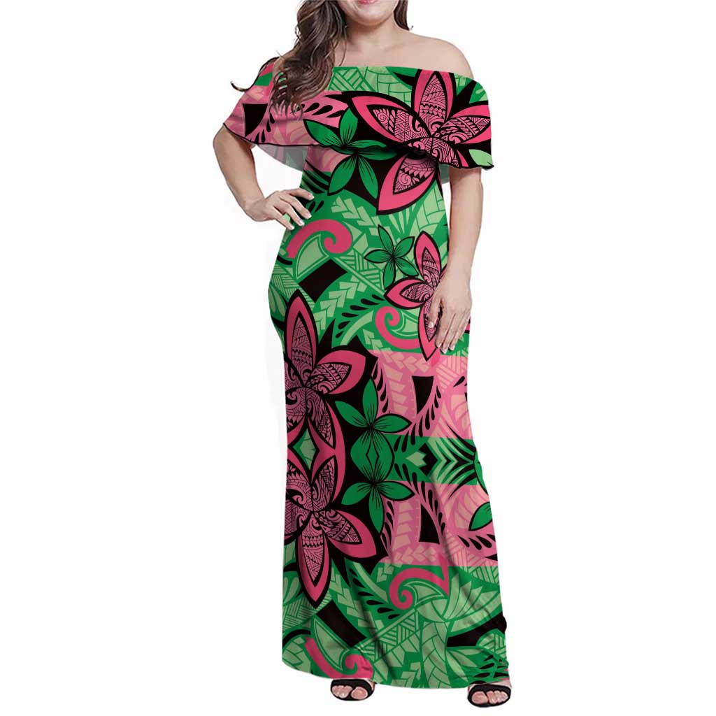 Plumeria Polynesian Pattern Family Matching Off Shoulder Maxi Dress and Hawaiian Shirt Unique Fantasy Green Pink