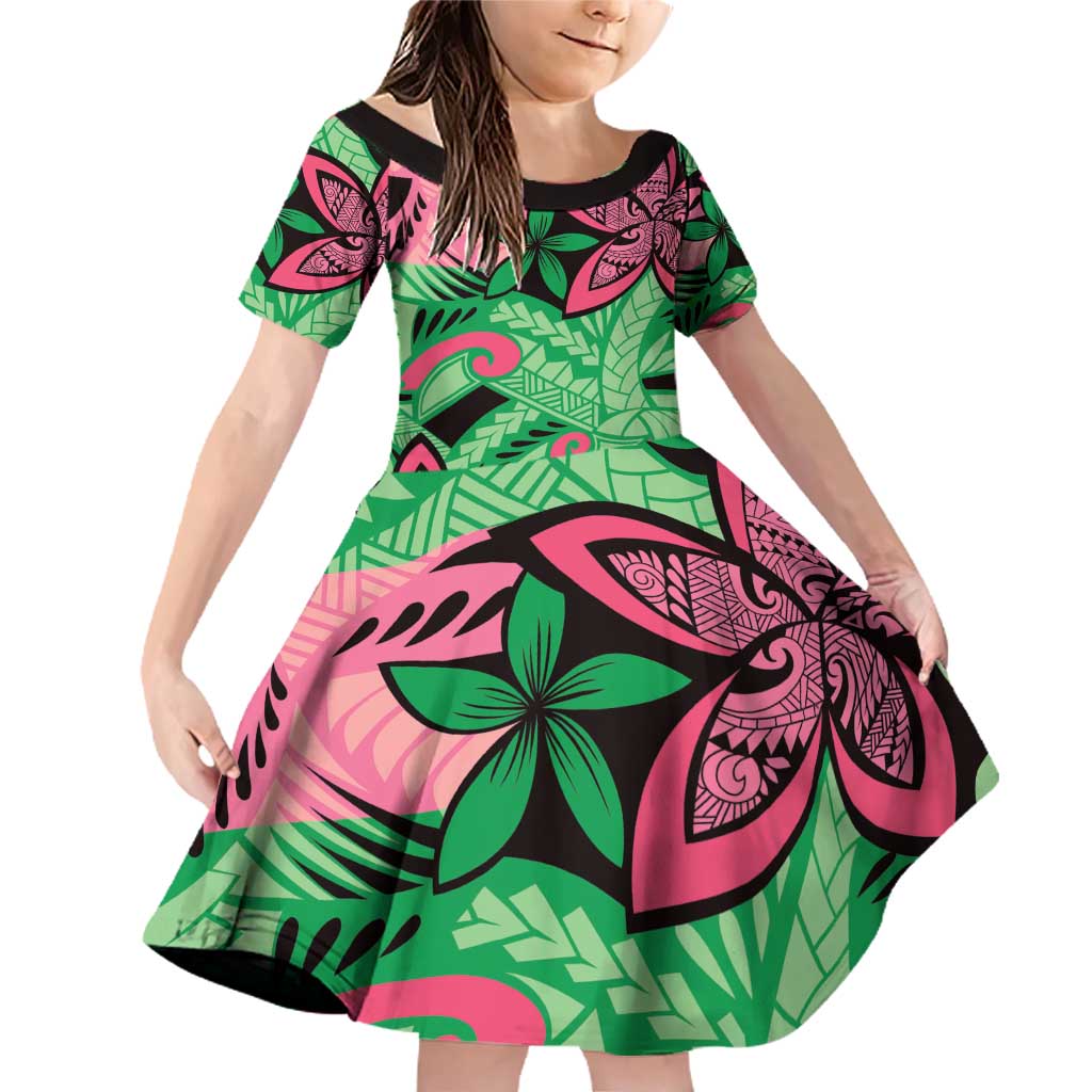 Plumeria Polynesian Pattern Family Matching Off Shoulder Short Dress and Hawaiian Shirt Unique Fantasy Green Pink