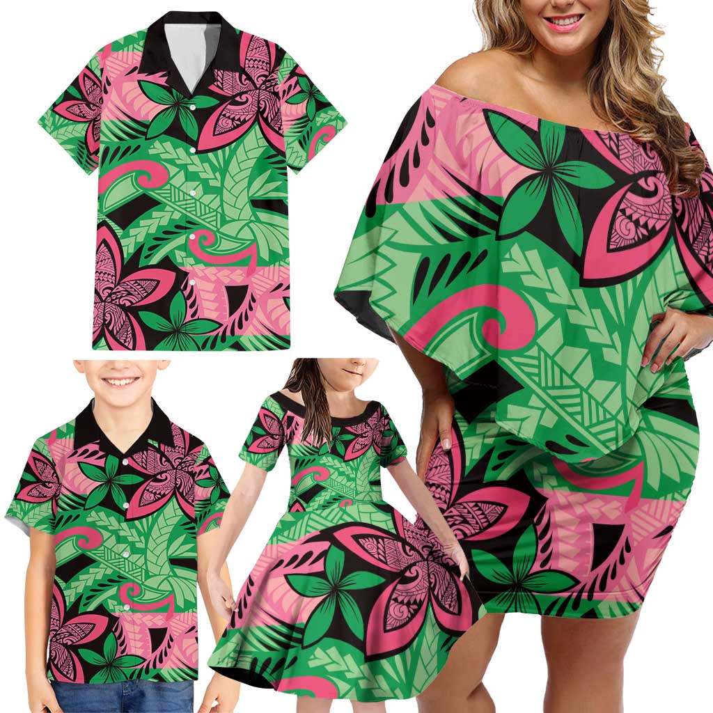 Plumeria Polynesian Pattern Family Matching Off Shoulder Short Dress and Hawaiian Shirt Unique Fantasy Green Pink