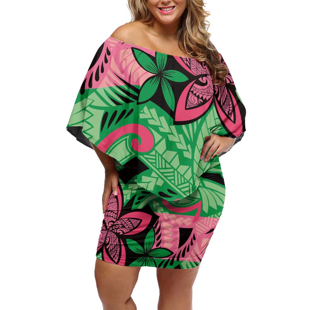 Plumeria Polynesian Pattern Family Matching Off Shoulder Short Dress and Hawaiian Shirt Unique Fantasy Green Pink