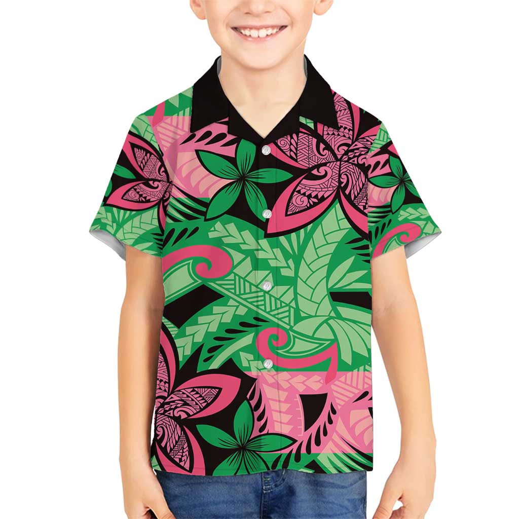 Plumeria Polynesian Pattern Family Matching Puletasi and Hawaiian Shirt Unique Fantasy Green Pink