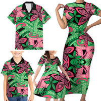 Plumeria Polynesian Pattern Family Matching Short Sleeve Bodycon Dress and Hawaiian Shirt Unique Fantasy Green Pink