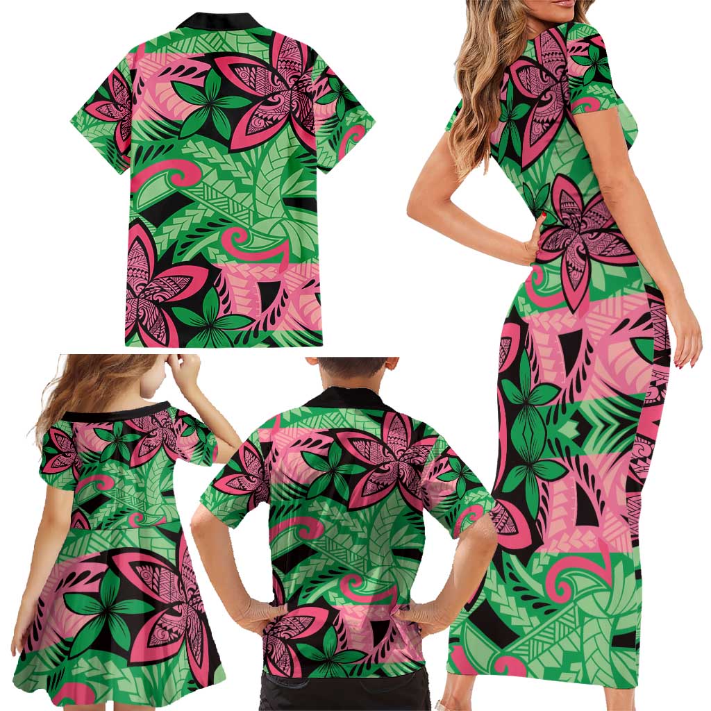 Plumeria Polynesian Pattern Family Matching Short Sleeve Bodycon Dress and Hawaiian Shirt Unique Fantasy Green Pink