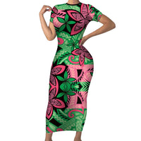 Plumeria Polynesian Pattern Family Matching Short Sleeve Bodycon Dress and Hawaiian Shirt Unique Fantasy Green Pink