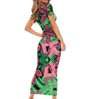 Plumeria Polynesian Pattern Family Matching Short Sleeve Bodycon Dress and Hawaiian Shirt Unique Fantasy Green Pink