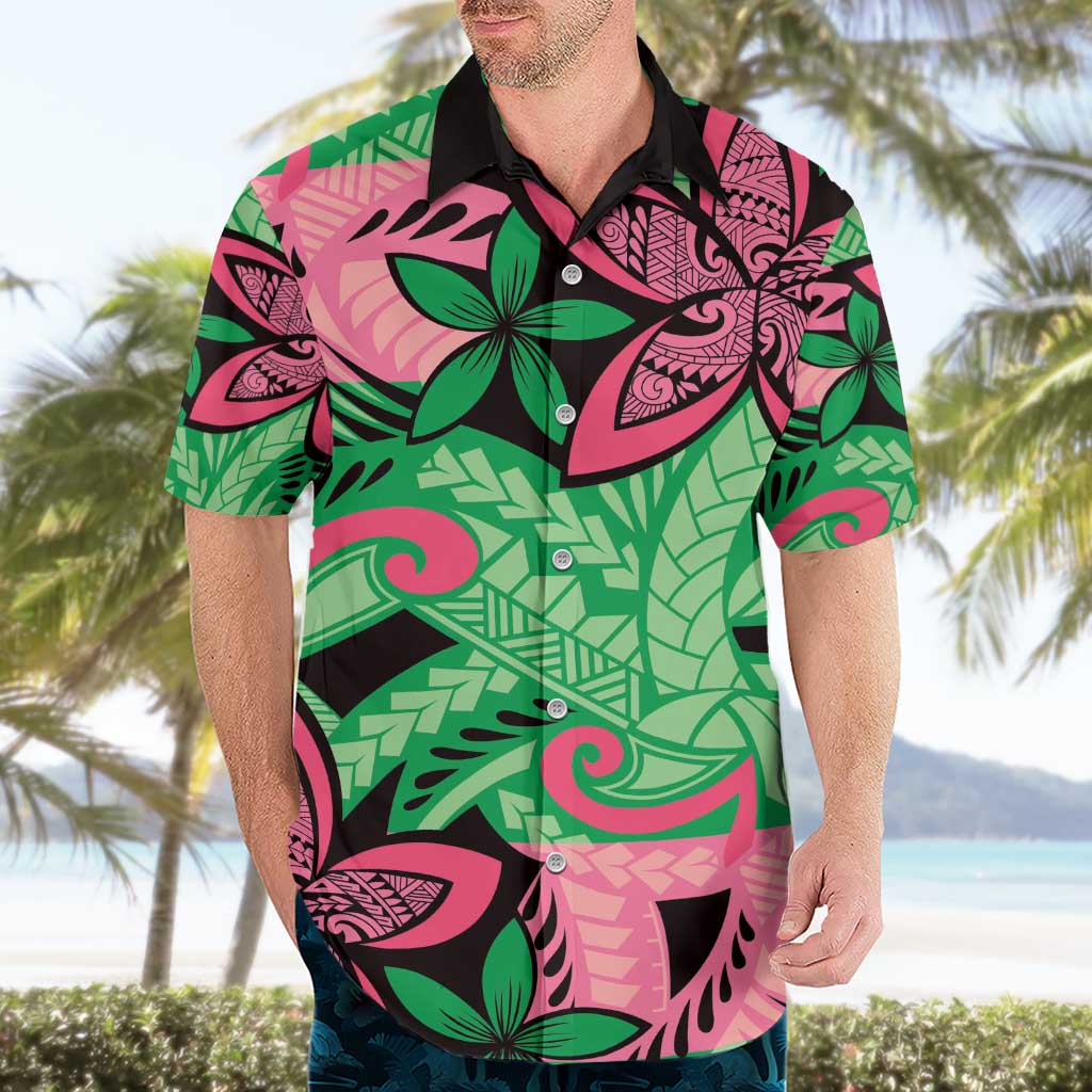 Plumeria Polynesian Pattern Hawaiian Shirt Unique Fantasy Green Pink LT01 - Polynesian Pride