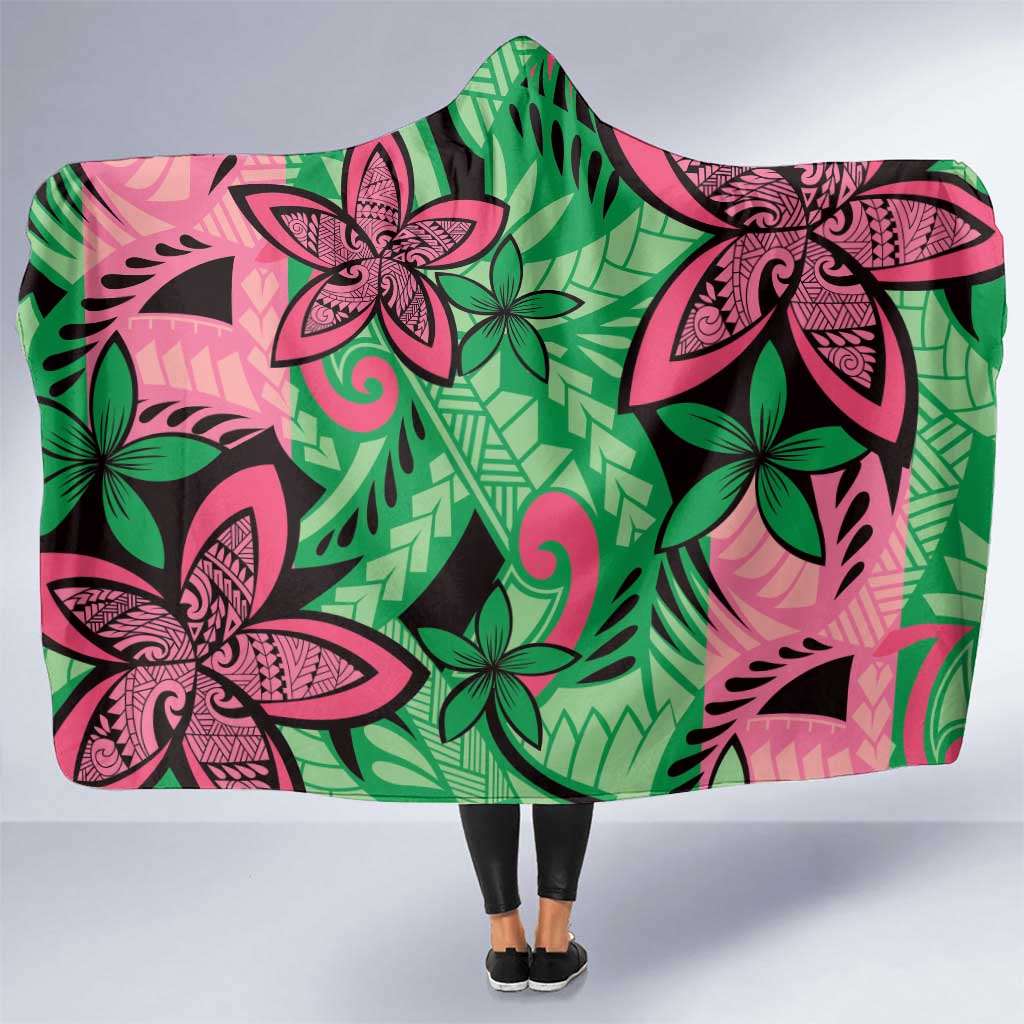 Plumeria Polynesian Pattern Hooded Blanket Unique Fantasy Green Pink LT01 One Size Green - Polynesian Pride