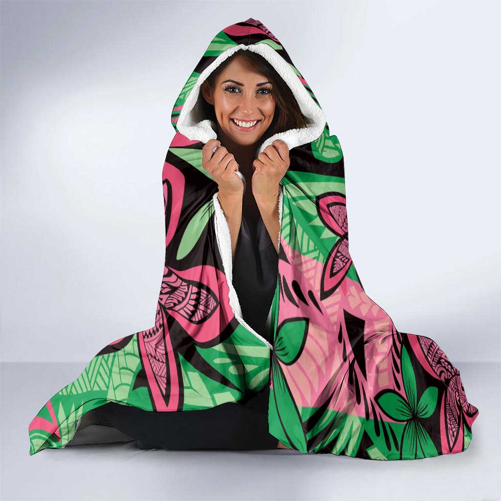 Plumeria Polynesian Pattern Hooded Blanket Unique Fantasy Green Pink LT01 - Polynesian Pride