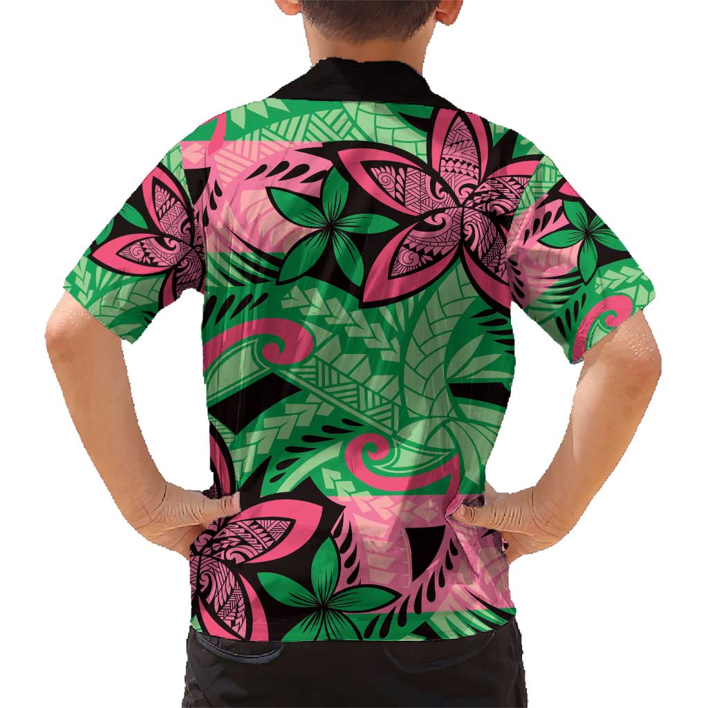 Plumeria Polynesian Pattern Kid Hawaiian Shirt Unique Fantasy Green Pink LT01 - Polynesian Pride
