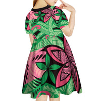 Plumeria Polynesian Pattern Kid Short Sleeve Dress Unique Fantasy Green Pink LT01 - Polynesian Pride