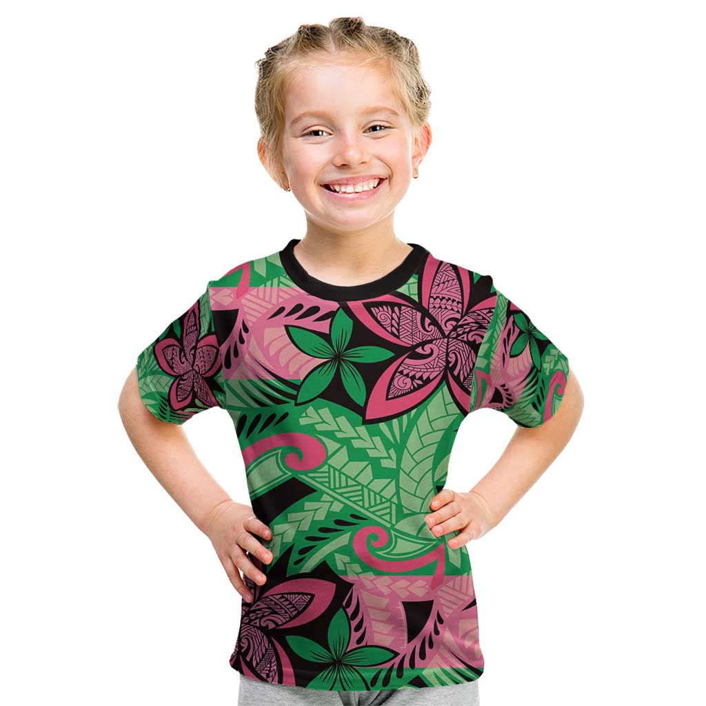 Plumeria Polynesian Pattern Kid T Shirt Unique Fantasy Green Pink