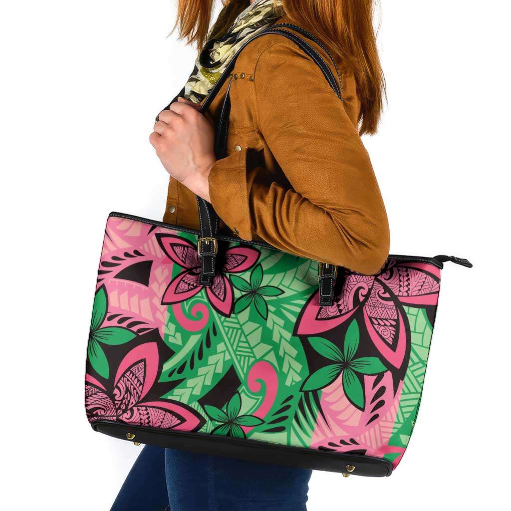 Plumeria Polynesian Pattern Leather Tote Bag Unique Fantasy Green Pink