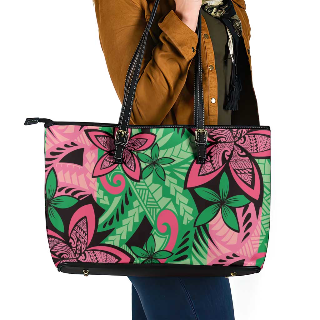 Plumeria Polynesian Pattern Leather Tote Bag Unique Fantasy Green Pink