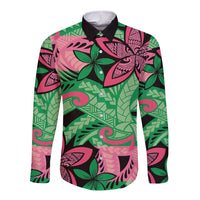 Plumeria Polynesian Pattern Long Sleeve Button Shirt Unique Fantasy Green Pink LT01 Unisex Green - Polynesian Pride