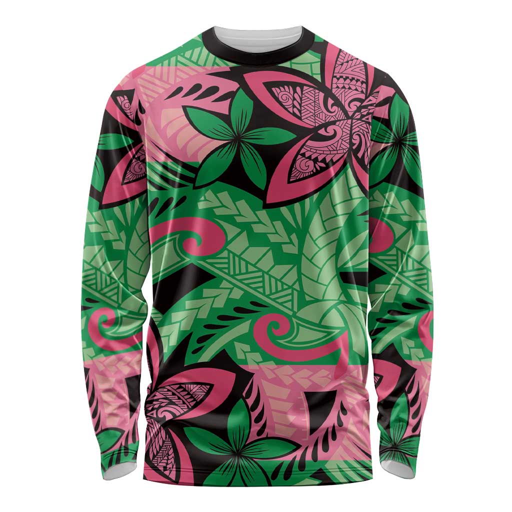 Plumeria Polynesian Pattern Long Sleeve Shirt Unique Fantasy Green Pink LT01 Unisex Green - Polynesian Pride