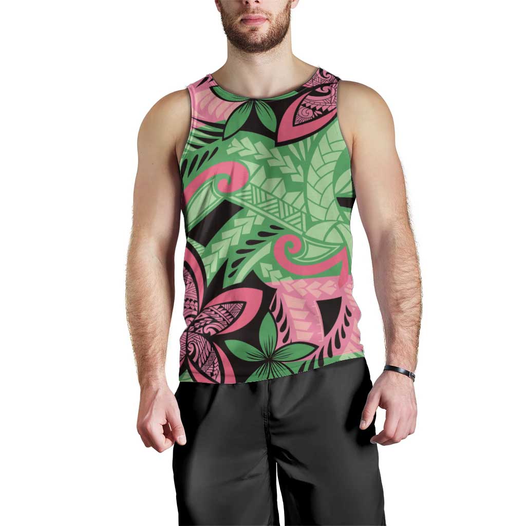 Plumeria Polynesian Pattern Men Tank Top Unique Fantasy Green Pink LT01 - Polynesian Pride