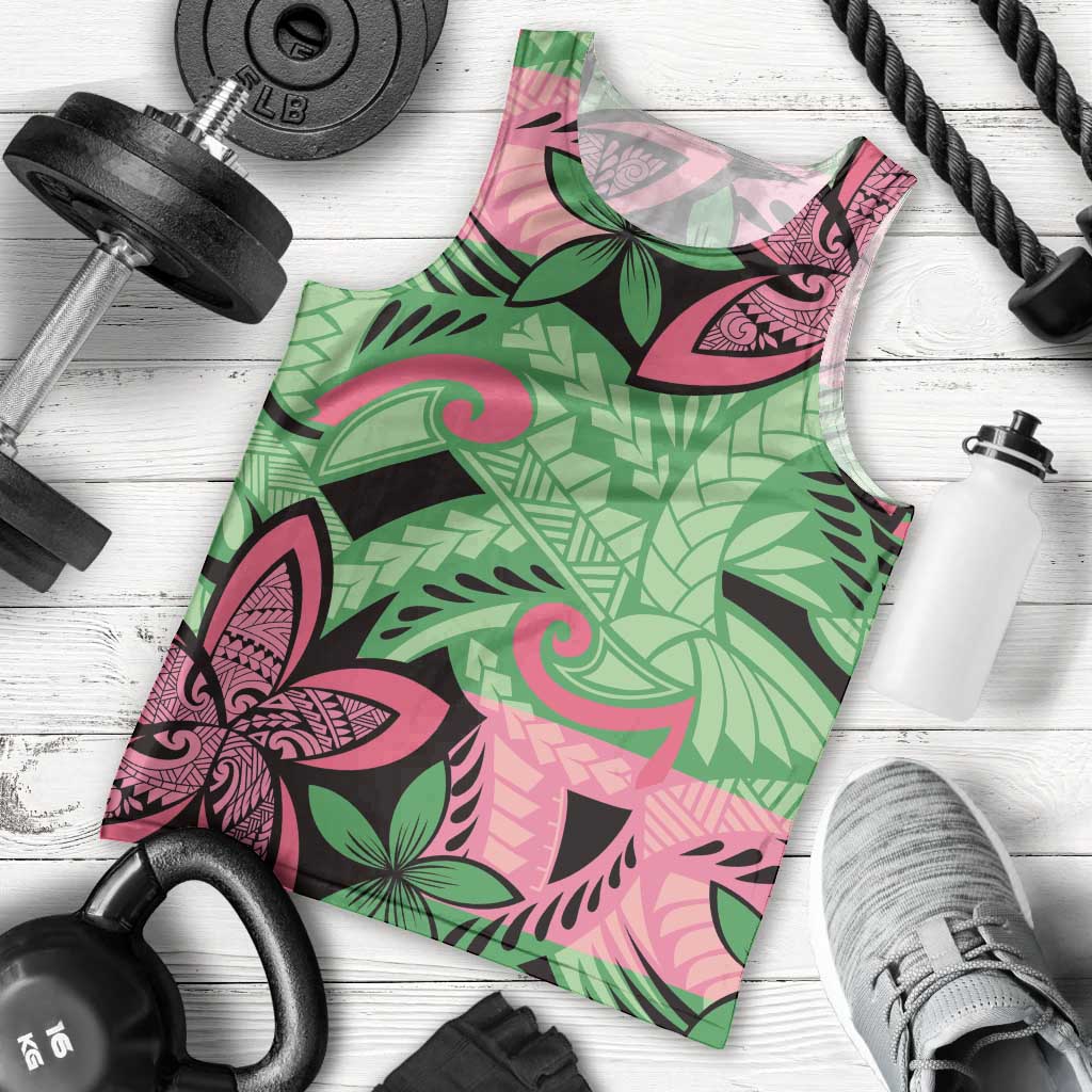 Plumeria Polynesian Pattern Men Tank Top Unique Fantasy Green Pink LT01 - Polynesian Pride