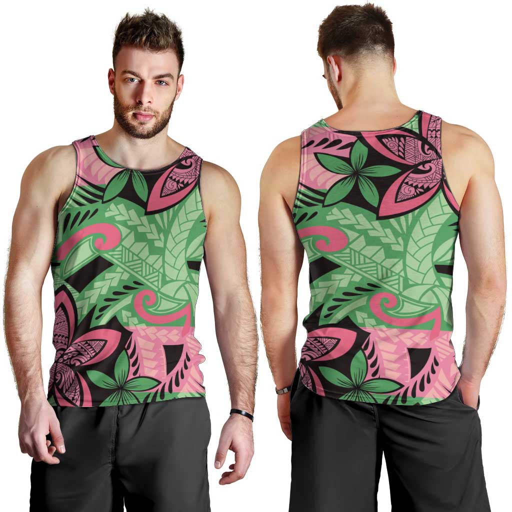 Plumeria Polynesian Pattern Men Tank Top Unique Fantasy Green Pink LT01 - Polynesian Pride
