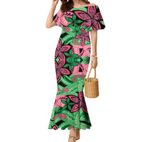 Plumeria Polynesian Pattern Mermaid Dress Unique Fantasy Green Pink