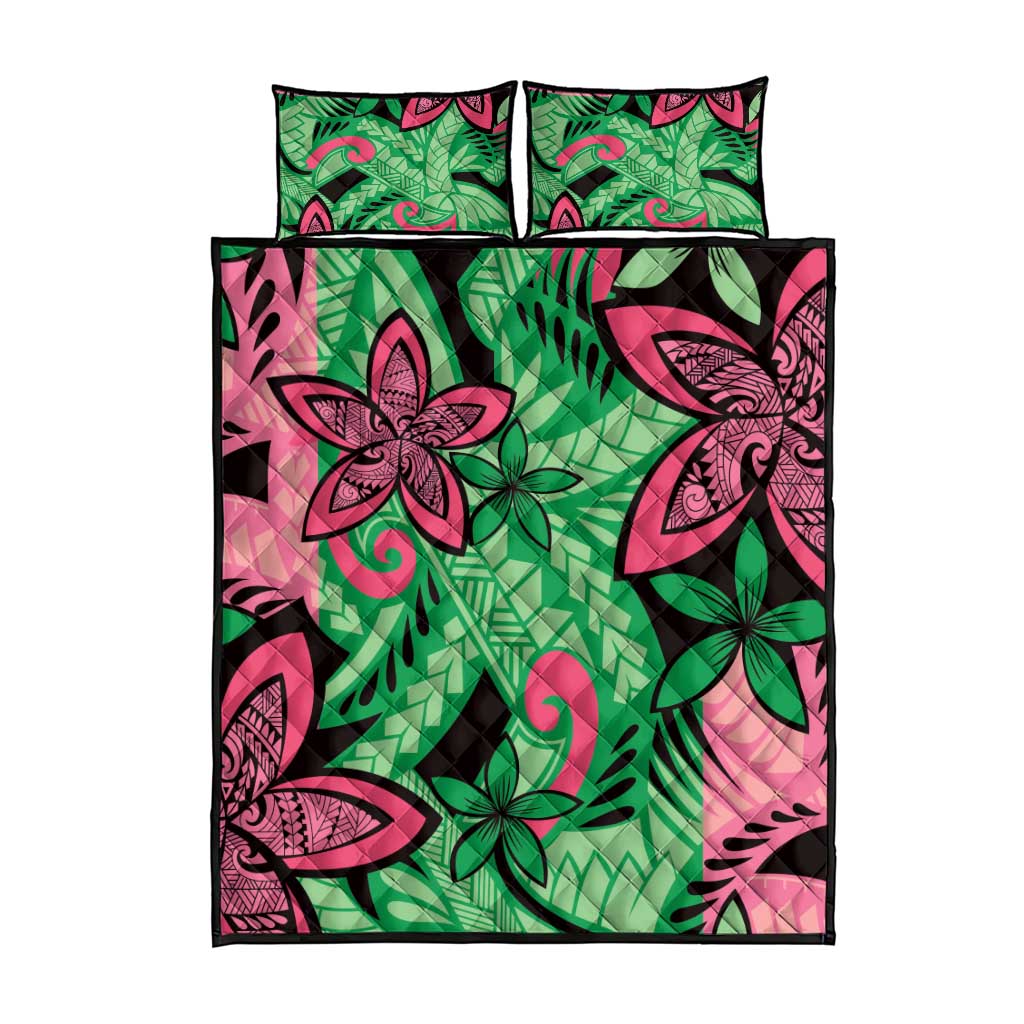 Plumeria Polynesian Pattern Quilt Bed Set Unique Fantasy Green Pink LT01 - Polynesian Pride
