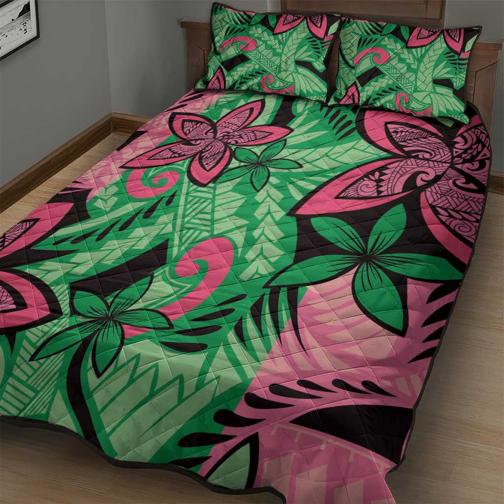 Plumeria Polynesian Pattern Quilt Bed Set Unique Fantasy Green Pink LT01 - Polynesian Pride
