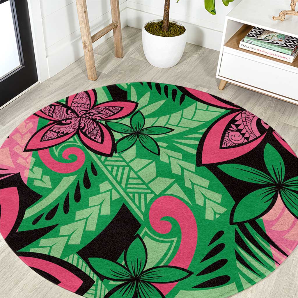 Plumeria Polynesian Pattern Round Carpet Unique Fantasy Green Pink