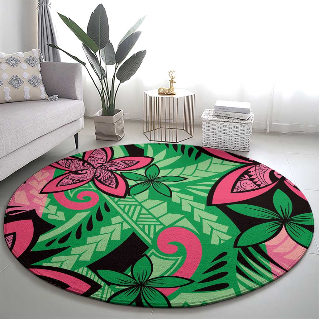Plumeria Polynesian Pattern Round Carpet Unique Fantasy Green Pink