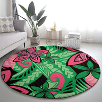 Plumeria Polynesian Pattern Round Carpet Unique Fantasy Green Pink