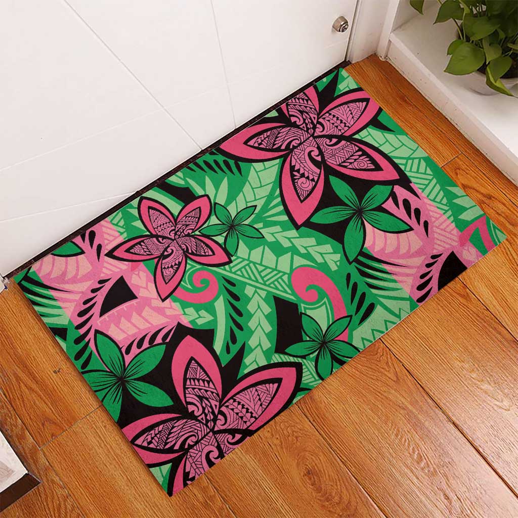 Plumeria Polynesian Pattern Rubber Doormat Unique Fantasy Green Pink LT01 - Polynesian Pride