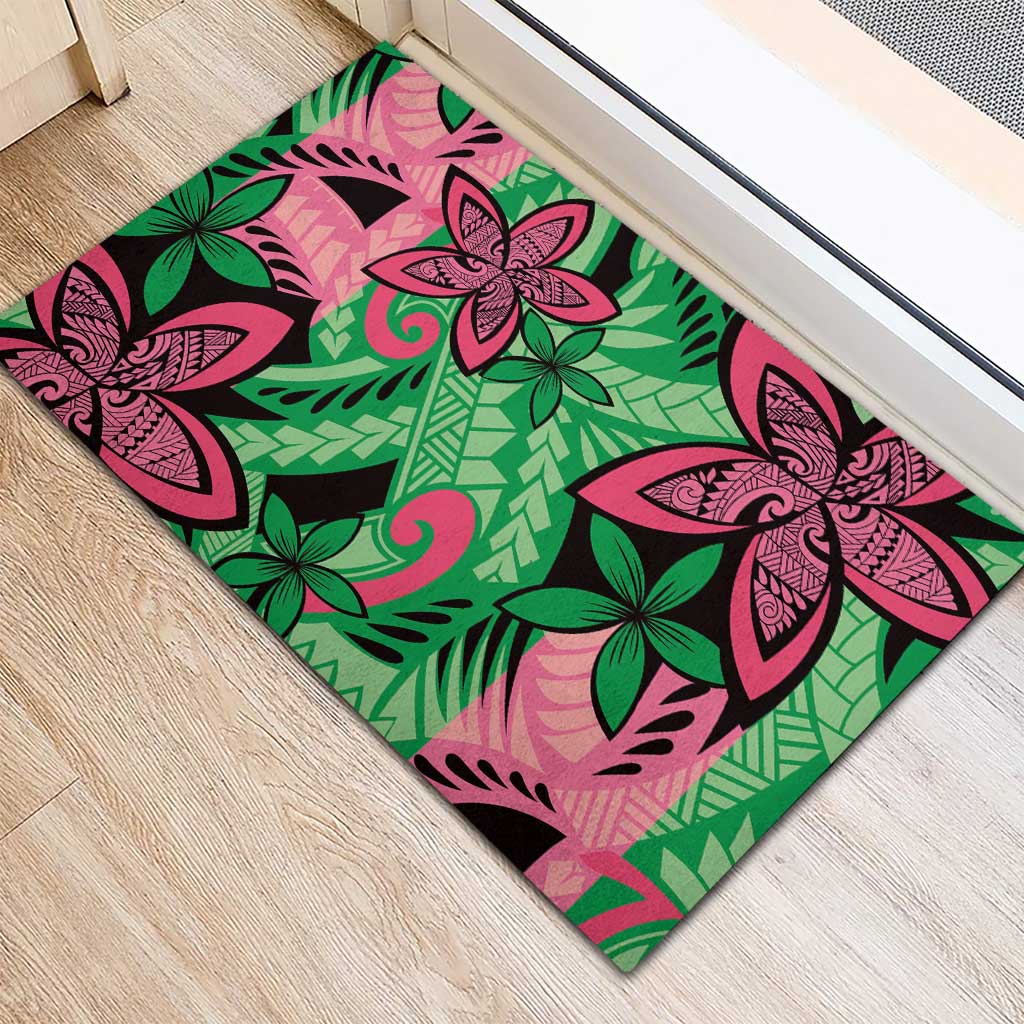 Plumeria Polynesian Pattern Rubber Doormat Unique Fantasy Green Pink LT01 - Polynesian Pride