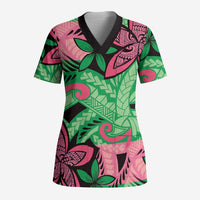 Plumeria Polynesian Pattern Scrub Top Unique Fantasy Green Pink LT01 Adult Green - Polynesian Pride