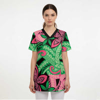 Plumeria Polynesian Pattern Scrub Top Unique Fantasy Green Pink LT01 - Polynesian Pride
