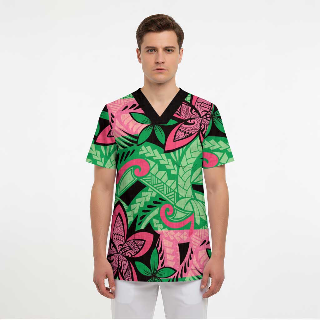 Plumeria Polynesian Pattern Scrub Top Unique Fantasy Green Pink LT01 - Polynesian Pride